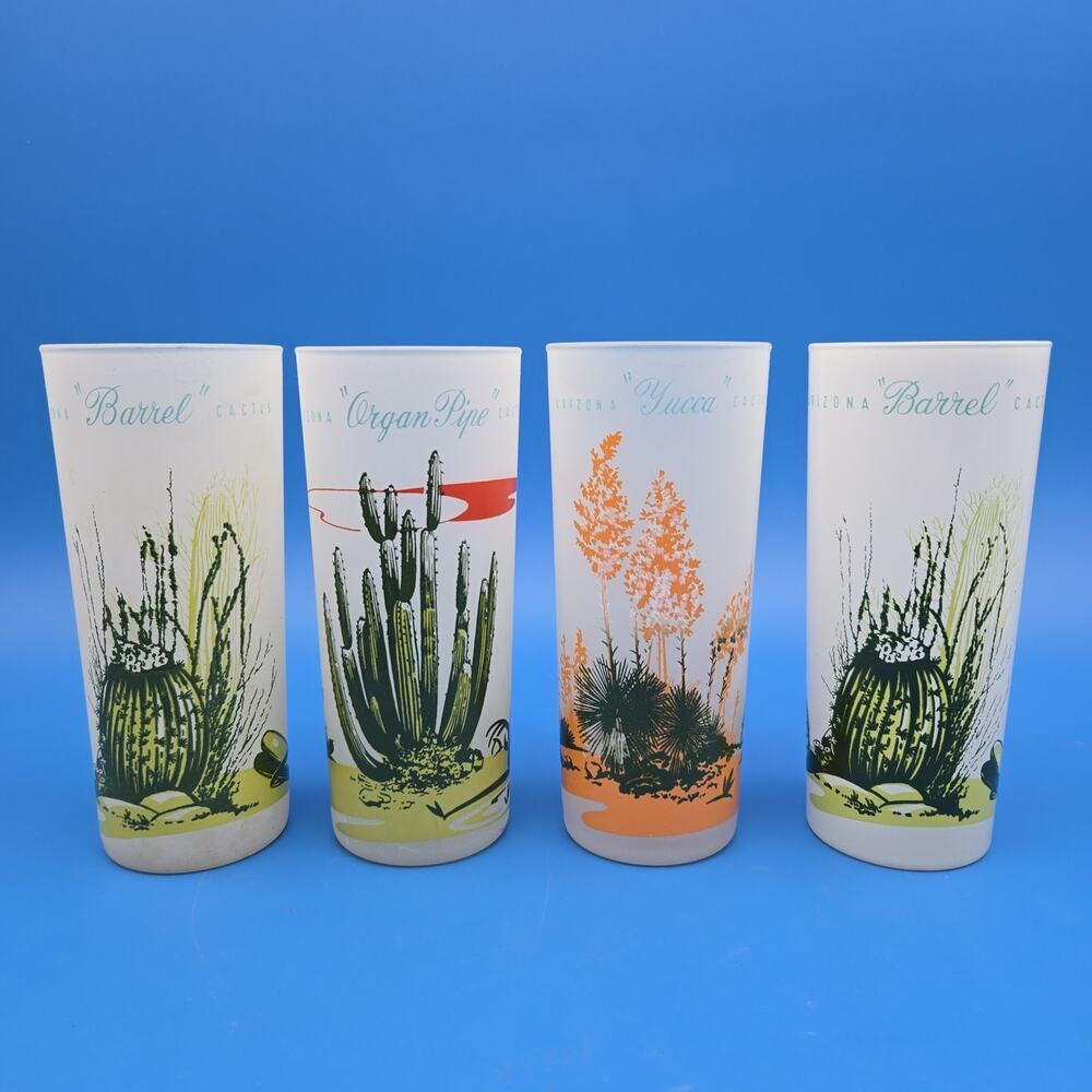 Blakely Oil Gas Promo Glasses Lot 4 Arizona Cactus Frosted Tumblers Vintage